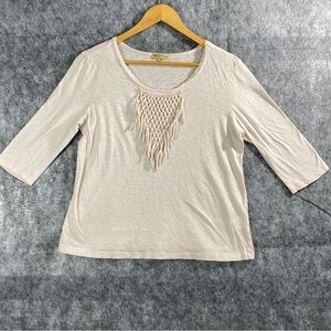 Democracy Womens White Fringe Neck 3/4 Sleeve‎ Blouse Size M
